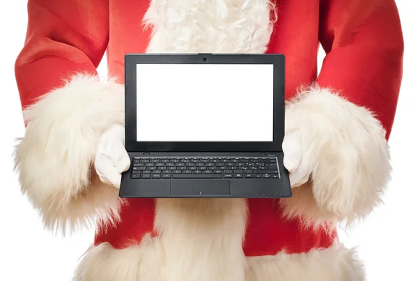 Babbo Natale che tiene il computer portatile con schermo vuoto isolato — Foto Stock