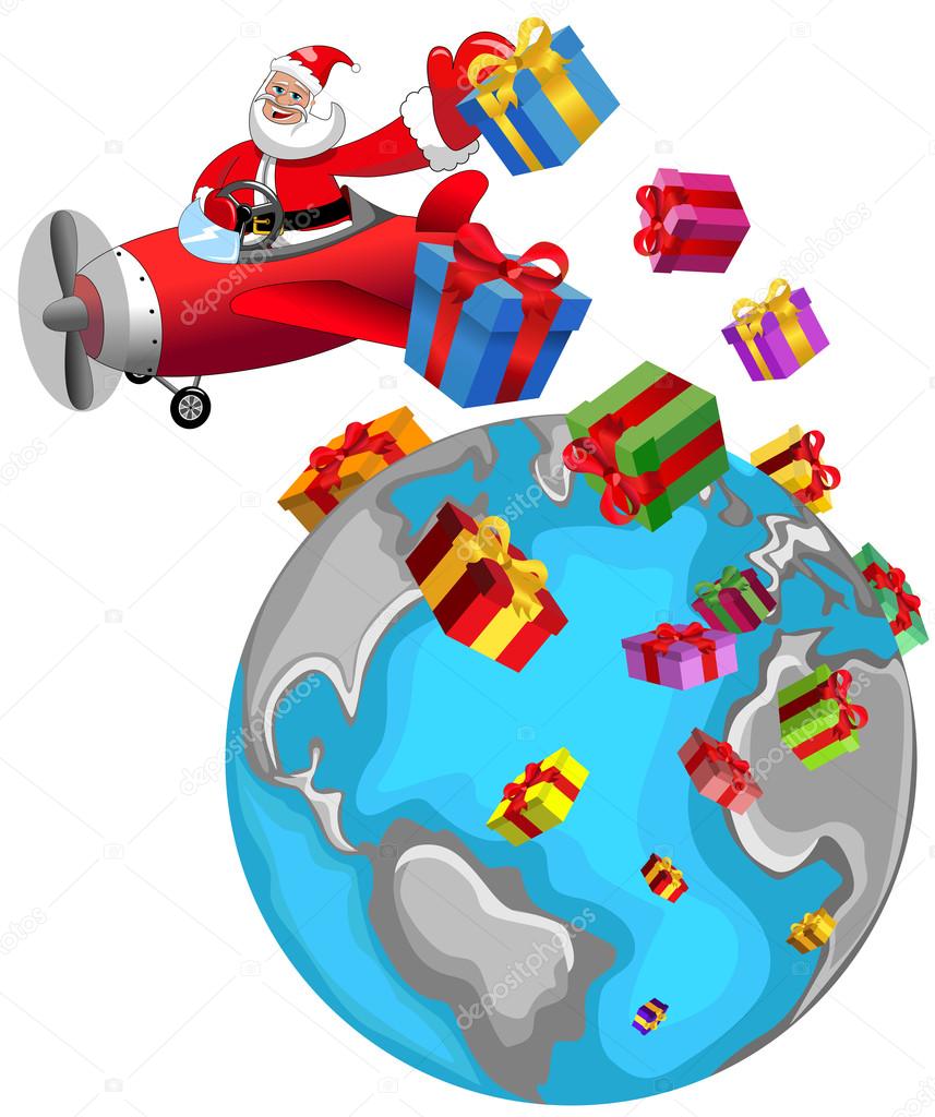 Santa Claus cartoon flying on airplane and delivering gifts over the whole world at Christmas