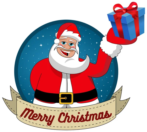 Kreslený santa claus hospodářství zabalený vánočními dárky a přání Veselé Vánoce v kulatý rám samostatný — Stockový vektor