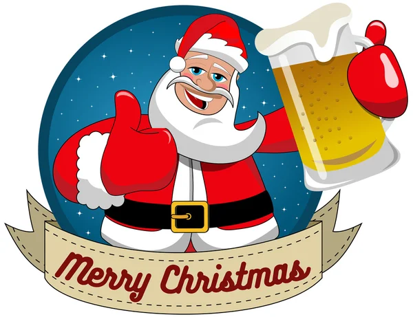 Feliz Papá Noel con el pulgar hacia arriba y taza de cerveza wishng feliz Navidad en marco redondo aislado — Archivo Imágenes Vectoriales