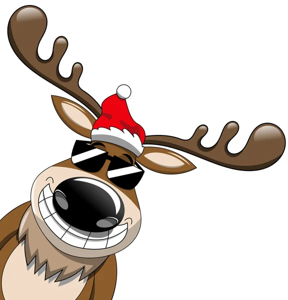 Cartoon smiling reindeer popping up wearing sunglasses isolated — Stock Vector