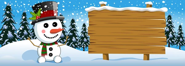 Weihnachtsbanner mit Schneemann neben leerem Holzschild im Schnee — Stockvektor