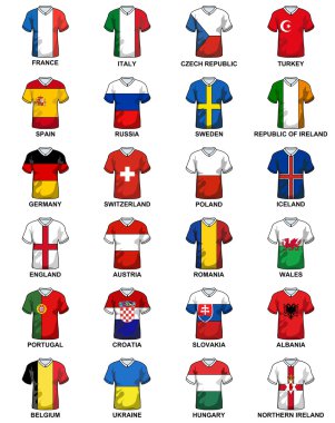 Euro 2016 Futbol Şampiyonası final Turnuvası katılan Avrupa ülkelerinin bayrakları ile t-shirt