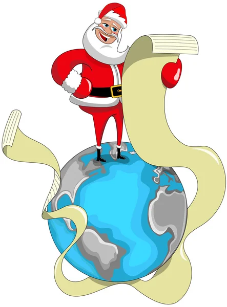 Happy cartoon Santa Claus reading wishing list long standing isolated on Earth — Stock Vector