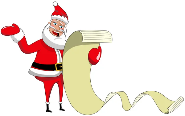 Quejándose de dibujos animados Santa Claus lectura lista de deseos largo aislado — Vector de stock