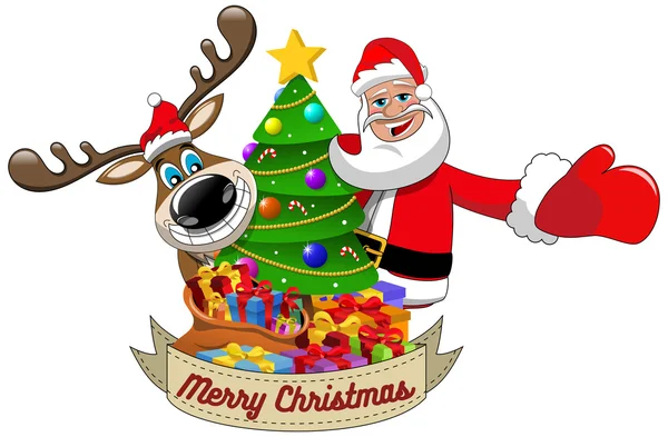 Карикатура смешной северный олень и Санта-Клаус желающих счастливого Рождества за украшенной елкой изолированы — стоковый вектор
