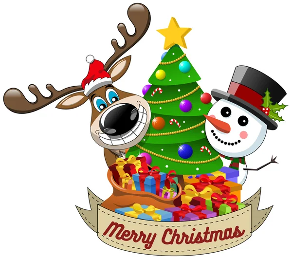 Desenhos animados renas engraçadas e boneco de neve desejando Feliz Natal atrás da árvore de xmas decorada isolada — Vetor de Stock