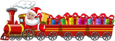 Cartoon Santa Claus Delivering gifts driving steam locomotive with three wagons isolated clipart
