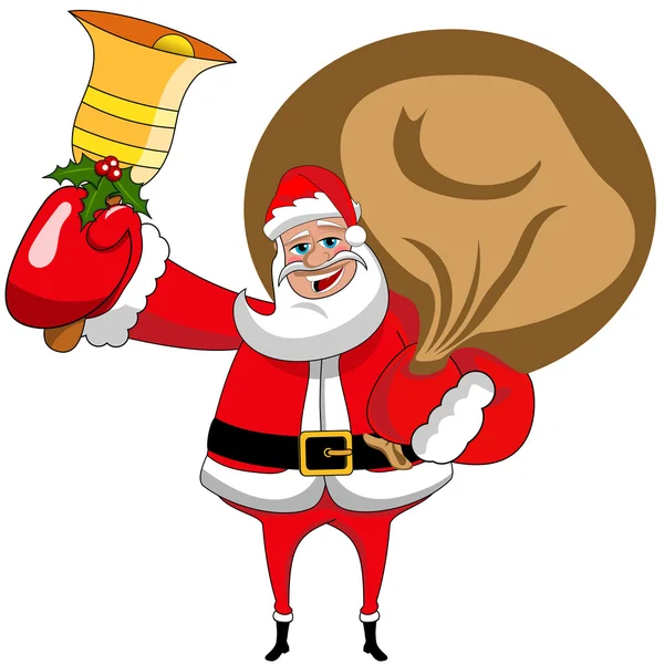 Caricatura santa claus con saco y timbre de oro campana de Navidad aislado — Vector de stock