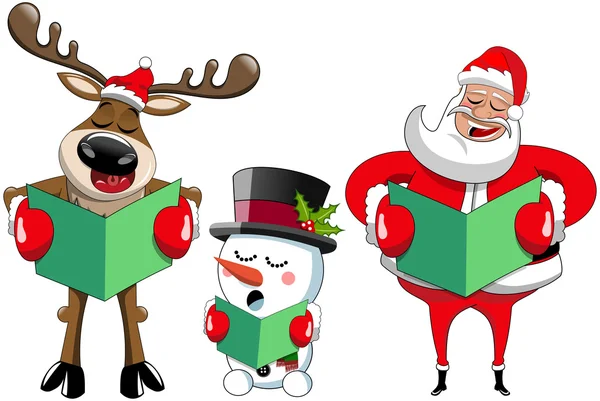 Desenhos animados Papai Noel rena e boneco de neve cantando Natal carol — Vetor de Stock