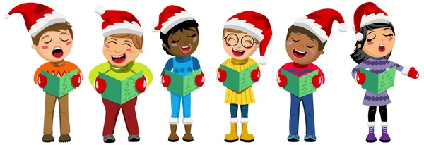 Multikulti-Kinder tragen Weihnachtsmütze und singen Weihnachtslieder — Stockvektor