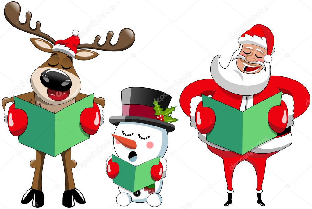 Cartoon Santa Claus reindeer and snowman singing christmas carol