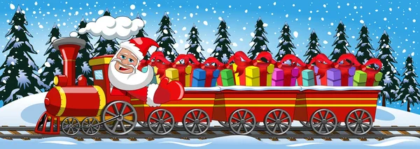 Cartoon-Weihnachtsmann bringt Geschenke und fährt Dampflok mit drei Waggons im Schnee — Stockvektor