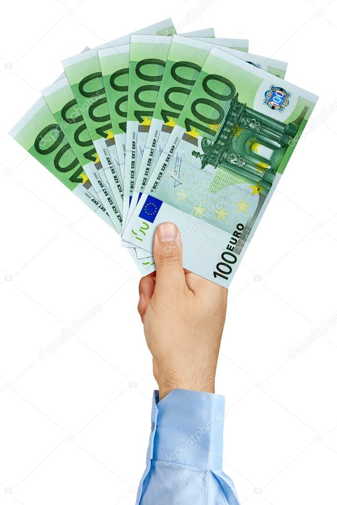 Businessman hand holding fan of 100 Euro Banknotes