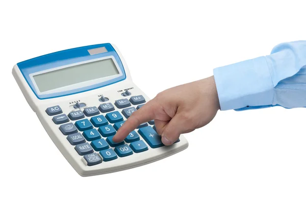 Biznesmen strony kalkulator na białym tle — Zdjęcie stockowe