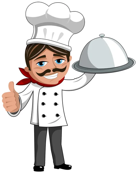 Chef sonriente sosteniendo bandeja de servicio — Vector de stock