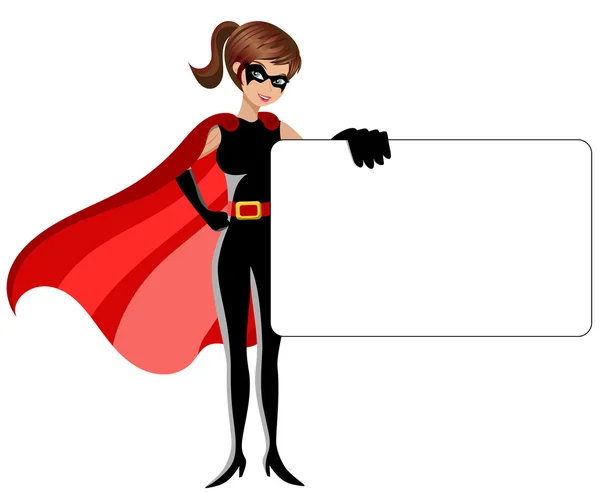 Superhero wanita memegang tanda kosong - Stok Vektor