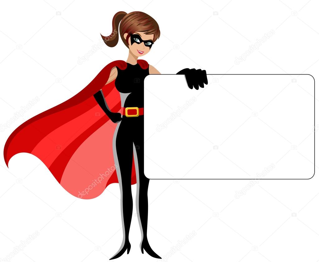 Superhero woman holding blank sign