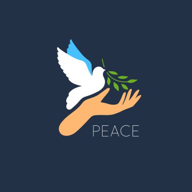 White Dove Vector Icon with Olive Branch and Hand