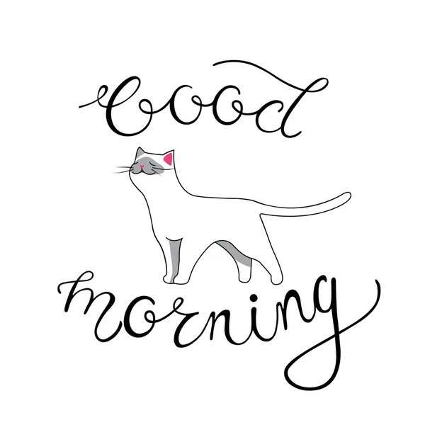 Good Morning Card with Hand Lettering Phrase and White Cat — Stock Vector