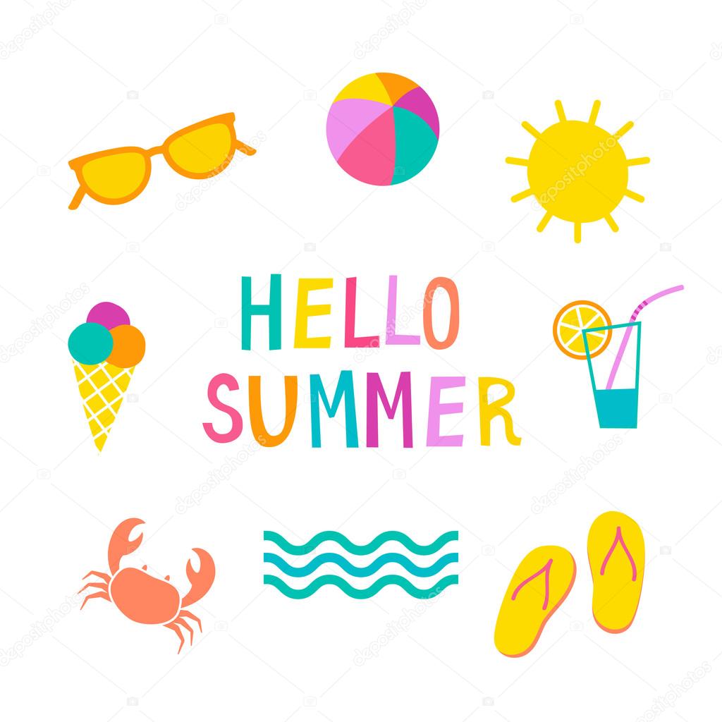 Colorful Summer Icons Set. Cute Vector Signs. Hello Summer Funny Phrase on White Background. Summer Holiday Concept for Cards, Illustrations, Posters, Banners, Logos and Other Designs.