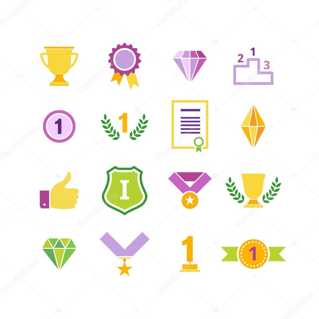 Beautiful Colorful Awards Icons. Vector Set of Prizes and Trophy Signs. Flat Designs for Labels, Badges and Logos.