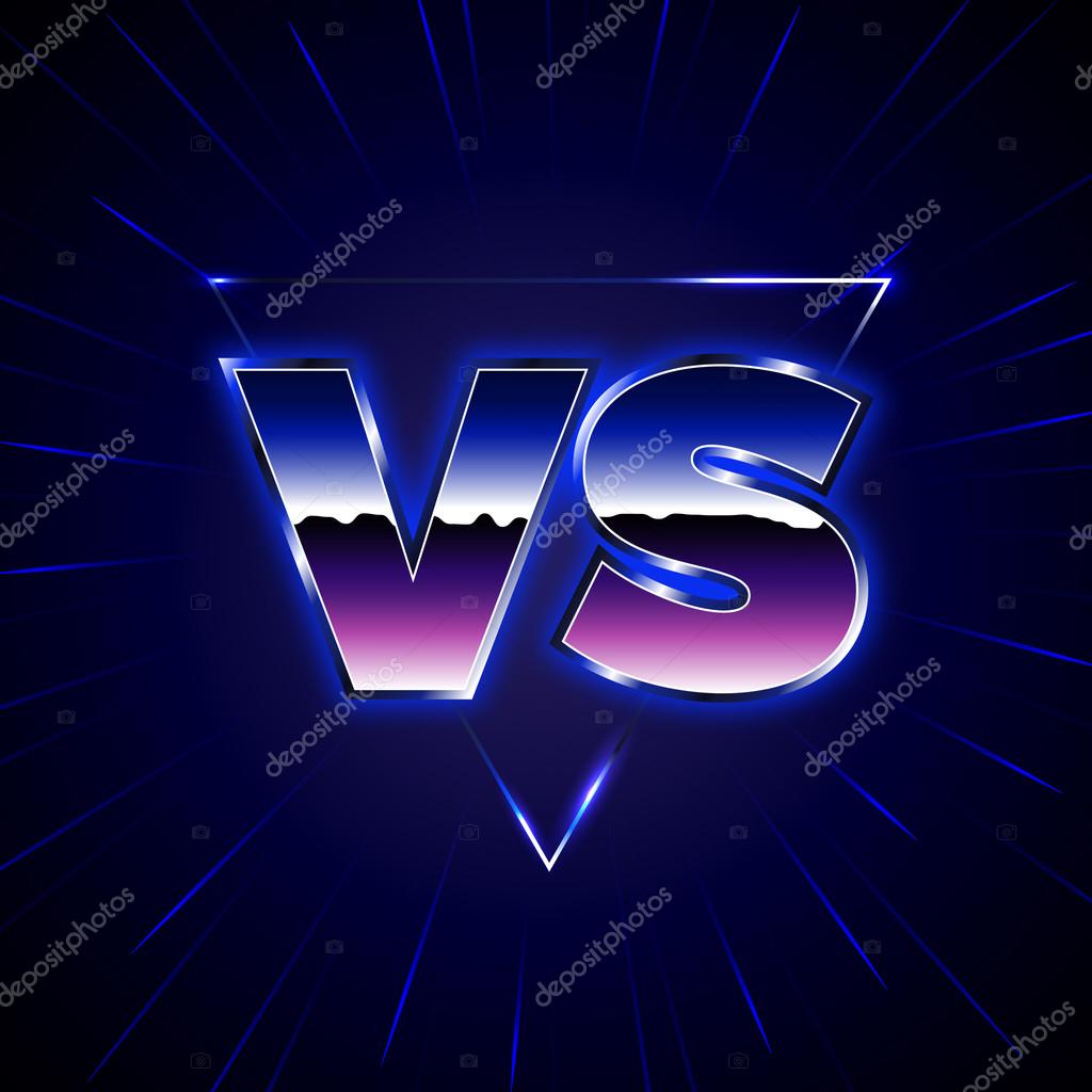 Blue Neon Versus Logo. VS Vector Letters Illustration. Competition Icon. Fight Symbol. 80-s Style Battle Poster.