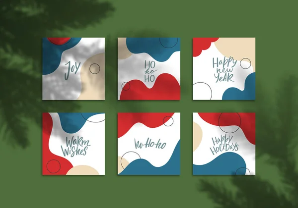 Minimalistische sjabloon Nieuwjaarskaarten Mock Up Design. Vector Collage met Flyers Grafisch ontwerp met Christmas Tree Shadow Overlays. Bewerkbaar Achtergrondontwerp voor Brand Social Media. — Stockvector