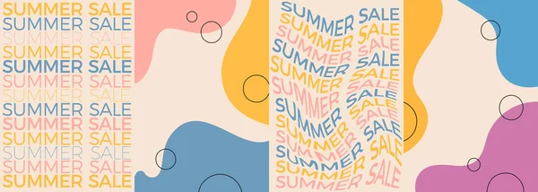 Venta de verano Banner Set Diseño. Texto ondulado y fondo colorido brillante con formas. Ilustración de publicidad vectorial — Archivo Imágenes Vectoriales