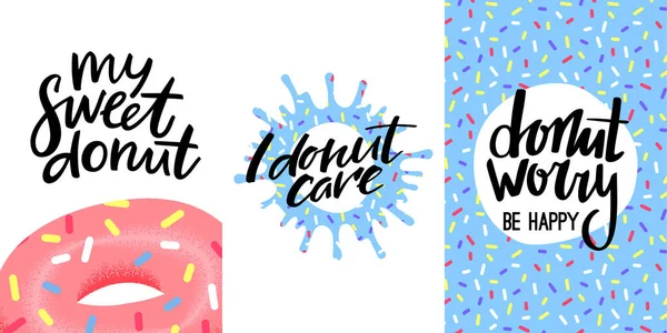 Conjunto de Cartões Engraçados com Donuts. Esmalte de gotejamento azul com polvilhas. Ilustração vetorial para cartões, camisetas e cartazes —  Vetores de Stock