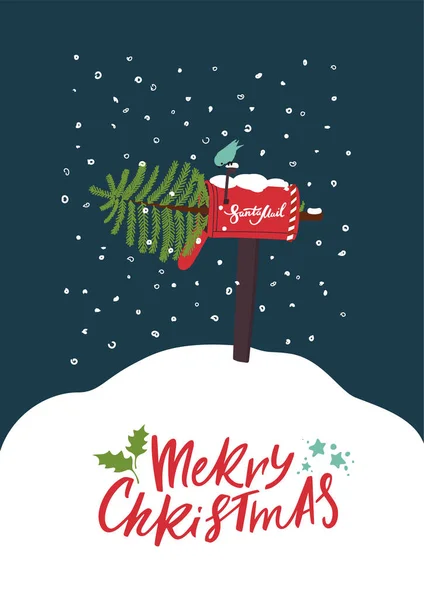 コミッククリスマスカード メールボックスと鳥のクリスマスツリー 祭りのポストカード 招待状 ポスターや配達サービスの広告のためのベクトルイラスト — ストックベクタ