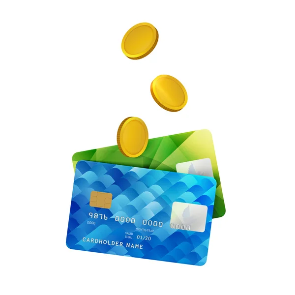 Carte bancarie in plastica con monete d'oro — Vettoriale Stock