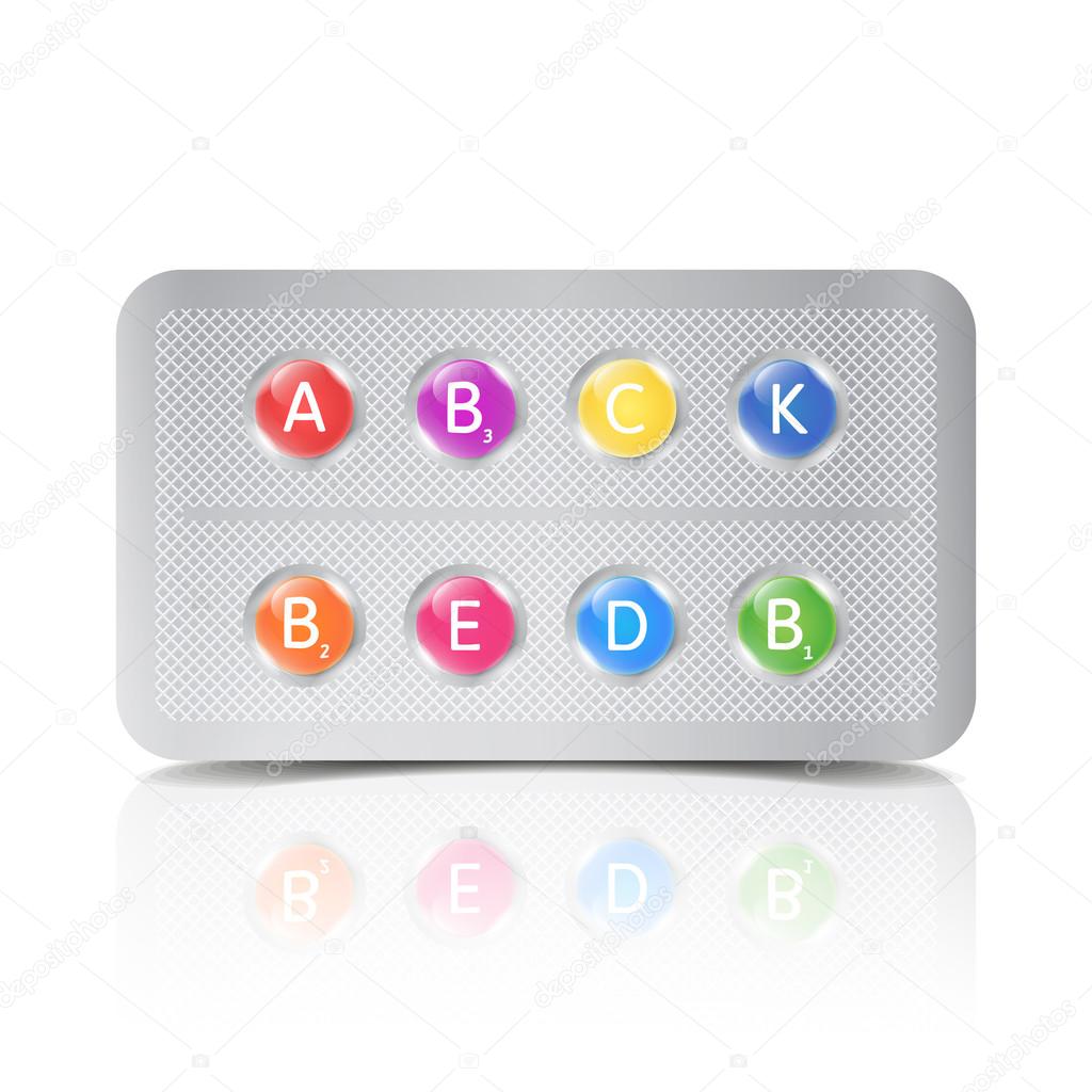 Set of the  medical vitamin pills in package. Realistic colorful vector isolated illustration