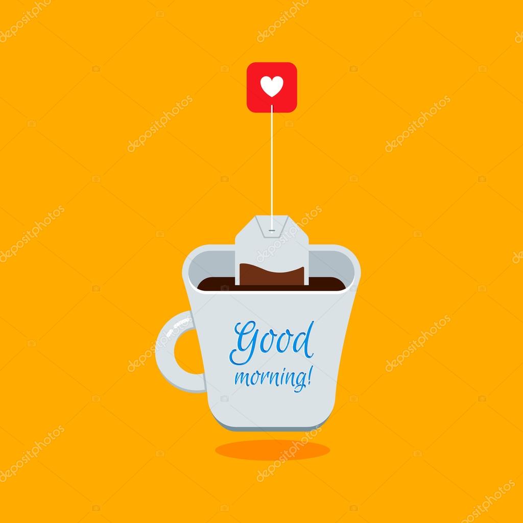 Cute Cartoon White Cup of Tea with Tea Bag on Bright Yellow Background. Vector Flat Illustration for Cards, Banners, Posters and Advertisements. Good Morning Concept