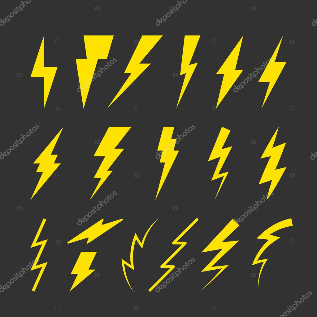 Set of Yellow Thunderbolt Symbols. Vector Danger Signs. Electrical Power Silhouettes Icons. Zig Zag Logo Elements