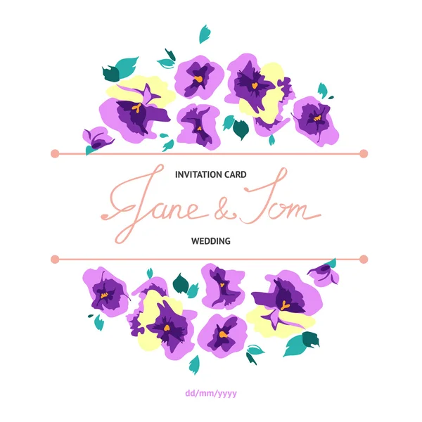 Einladungskarte mit floralen Stiefmütterchensträußen — Stockvektor