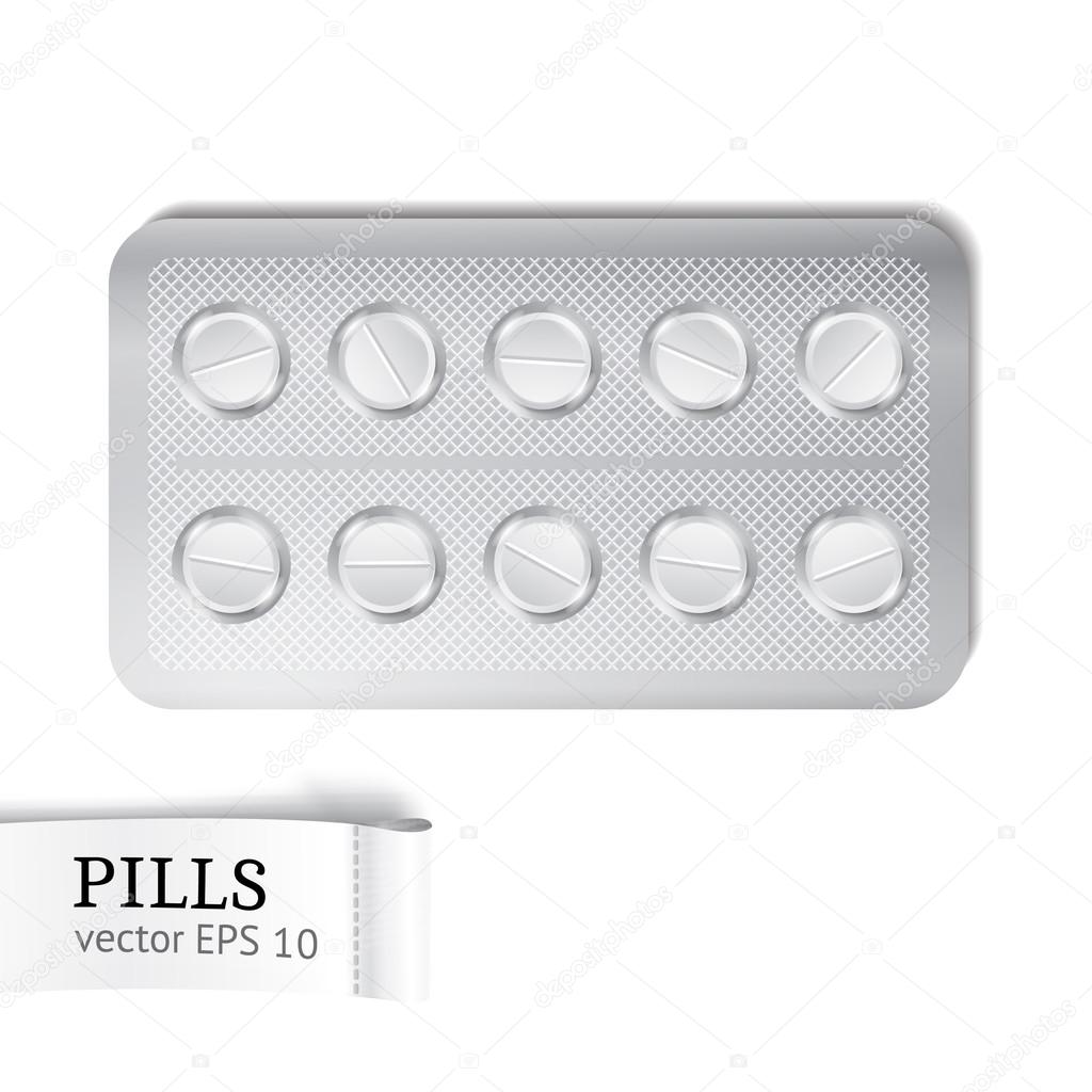 Set of the white medical pills in package. Realistic vector isolated illustration