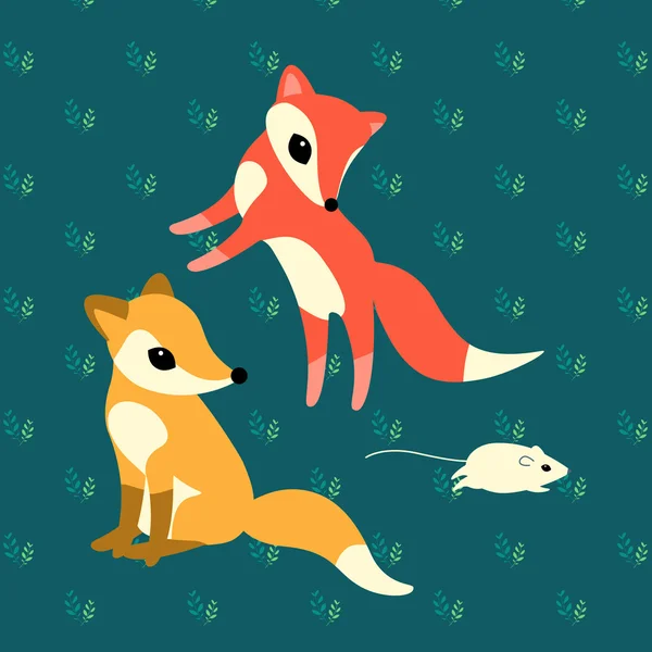 Две маленькие лисички играют с мышью — стоковый вектор