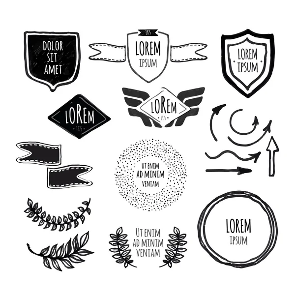 Set of sketched template retro vintage badges, borders, laurels, — Stok Vektör