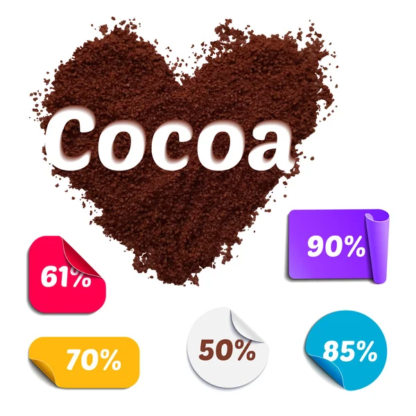 Polvo de cacao realista en forma de corazón con etiquetas — Archivo Imágenes Vectoriales