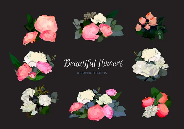 Reihe von schönen, detaillierten Blumensträußen — Stockvektor