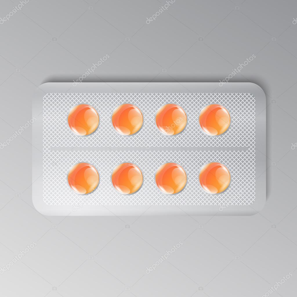 Set of the orange pills in package. Vector realistic medicine illustration