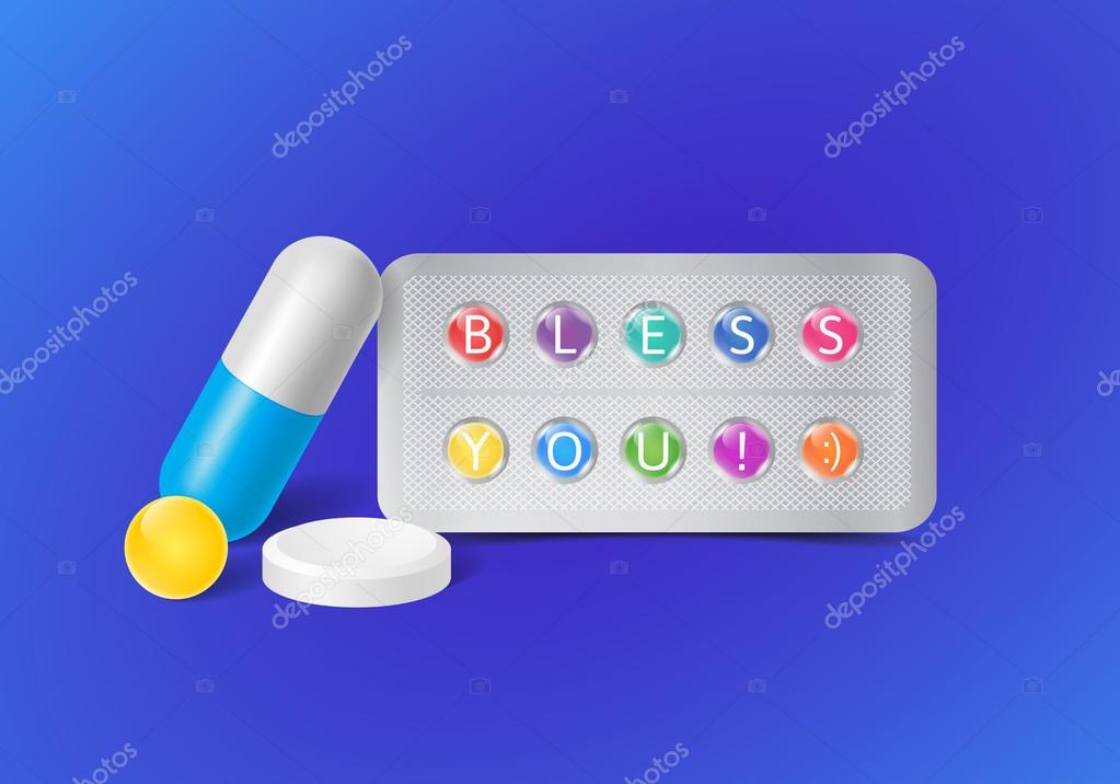 Set of the medical pills with wishes for health. Vector realistic illustration