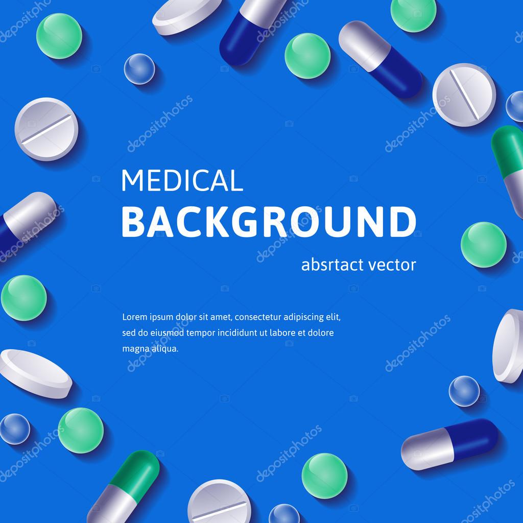 Medical background with circle posed pills and vitamins. Vector illustration