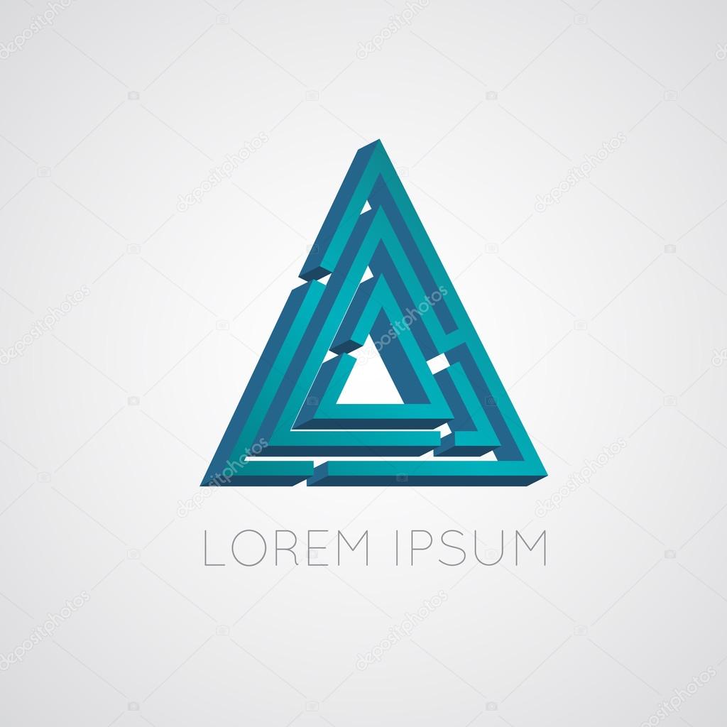 Blue labyrinth 3d triangle logo. Vector pyramid maze icon
