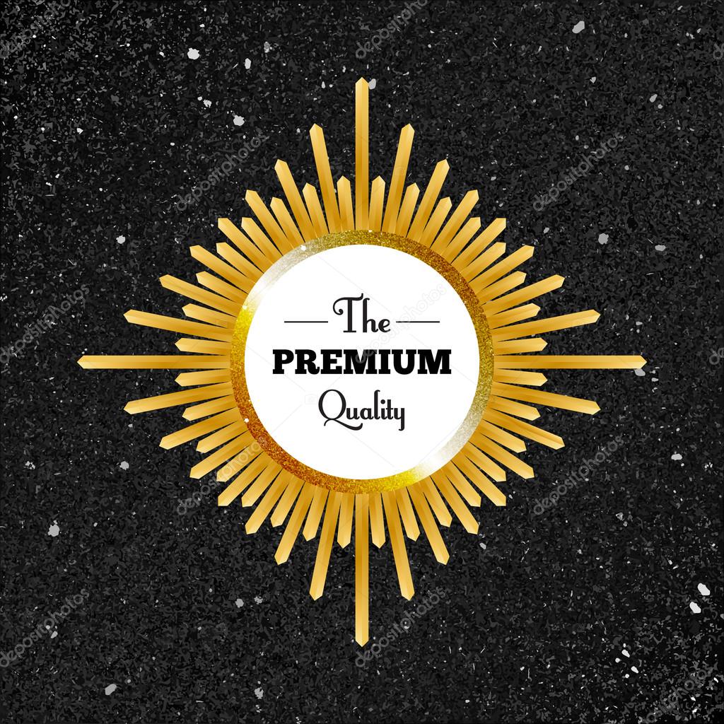 Premium quality rays circle label on glam shiny black background. Vector retro illustration