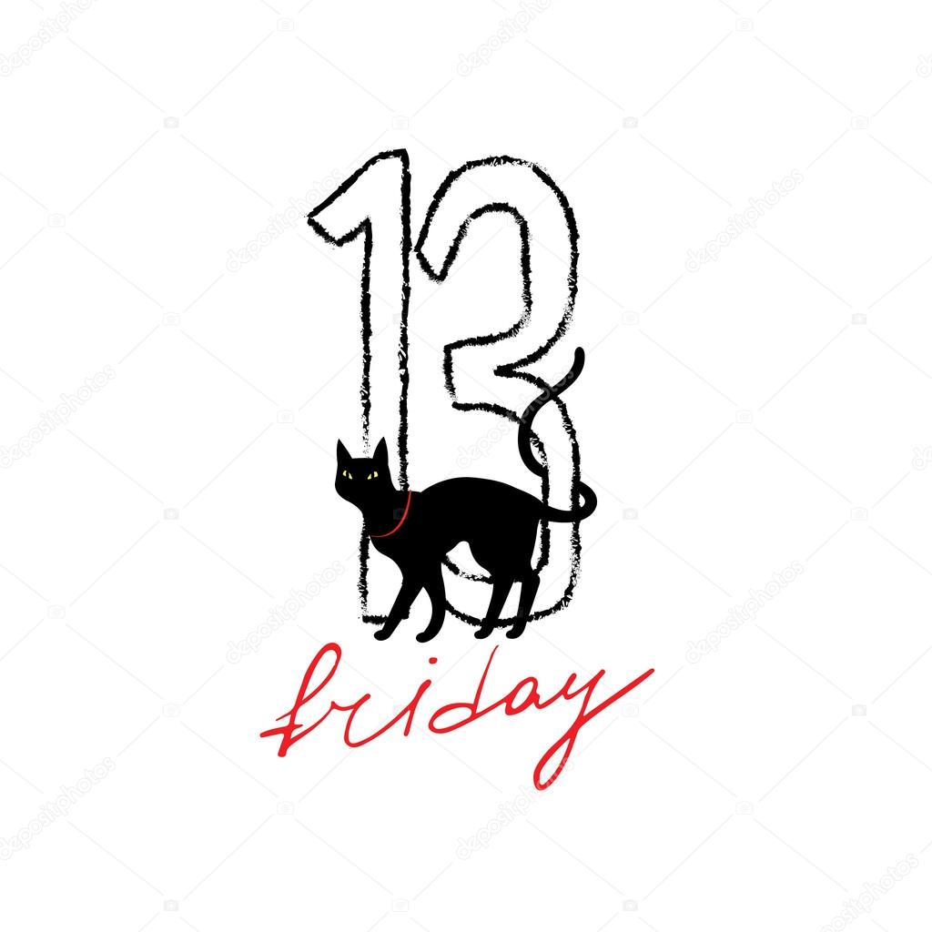 Friday 13th grunge illustration with numerals and black cat.
