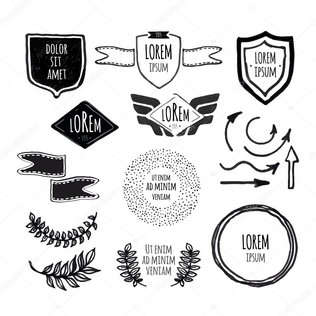 Set of sketched template retro vintage badges, borders, laurels,