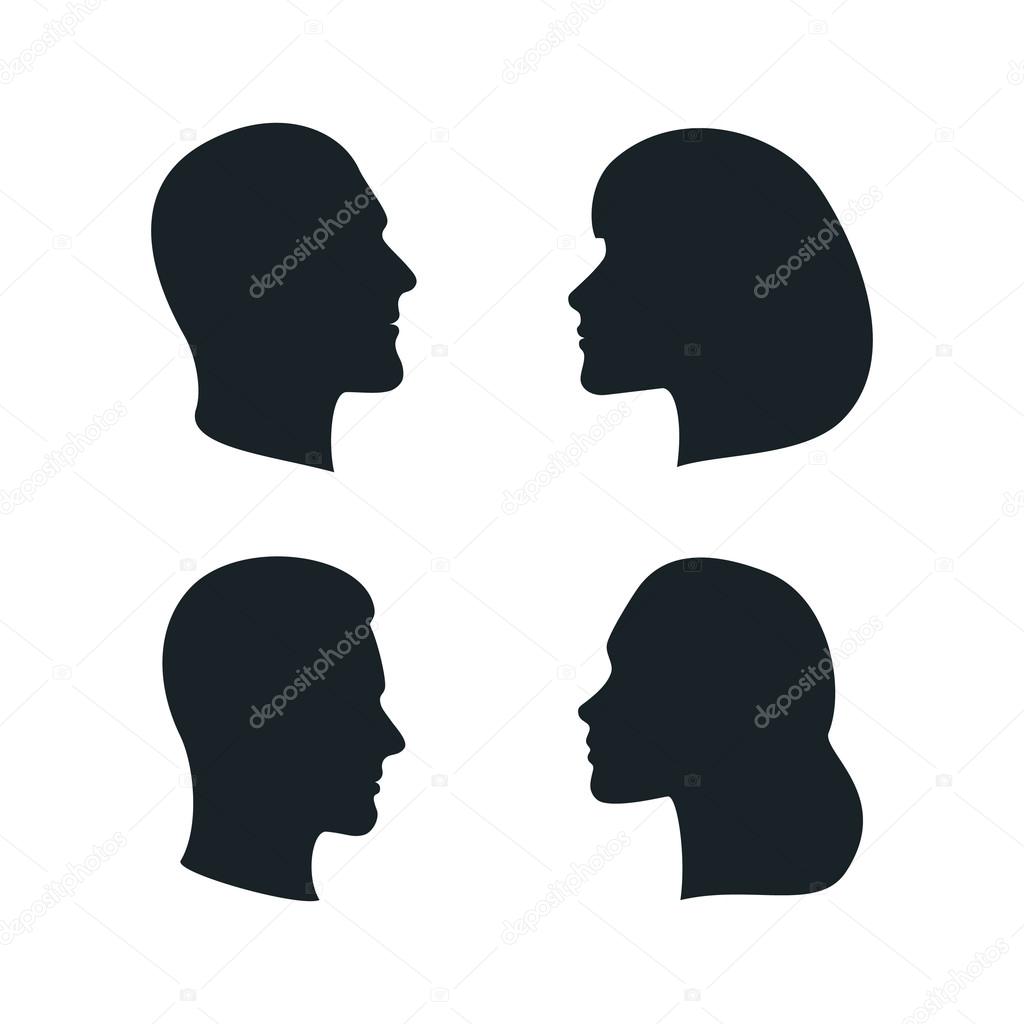 Black Isolated Faces Profiles. Men, Woman, Family Silhouettes. Vector Male and Female Signs