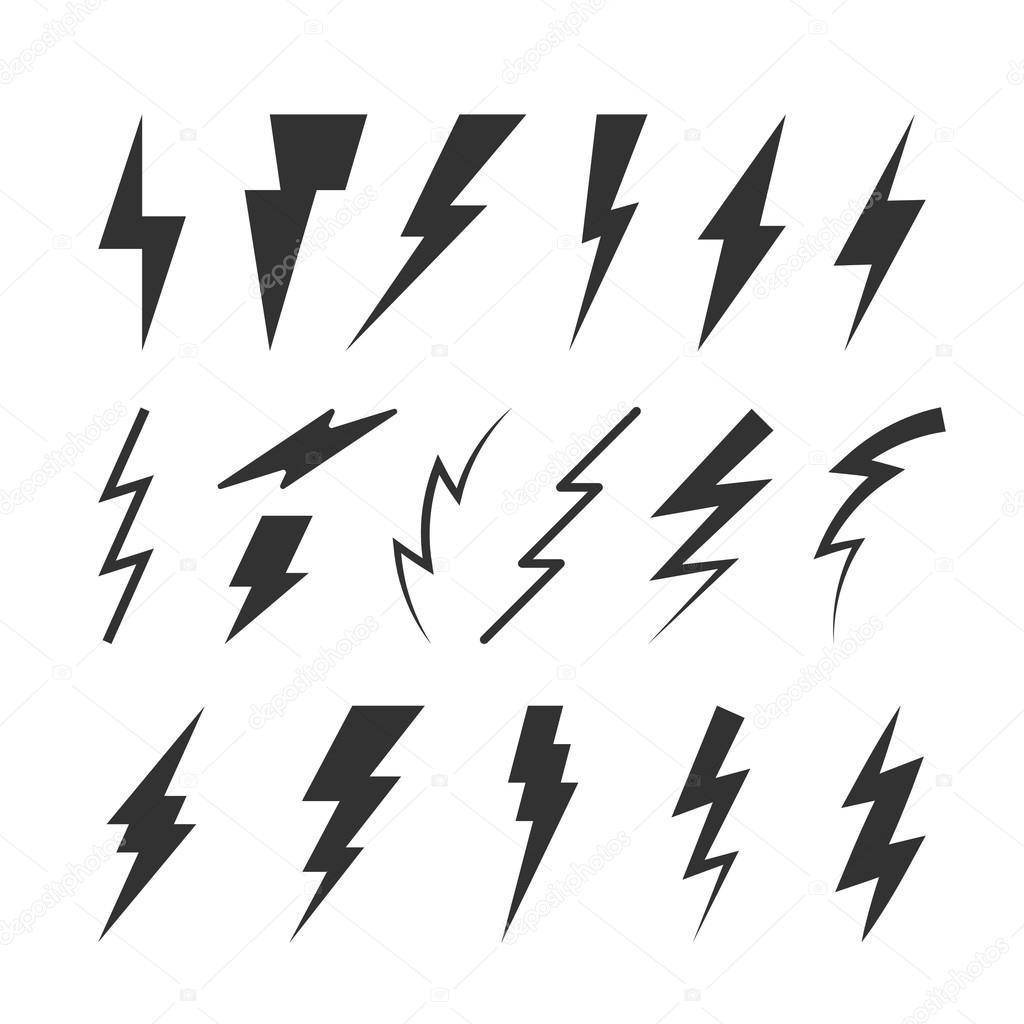 Set of Thunderbolts Silhouettes. Vector Isolated Symbols. Flat Thunderstorm Illustrations for Logos, Badges, Icons and Signs